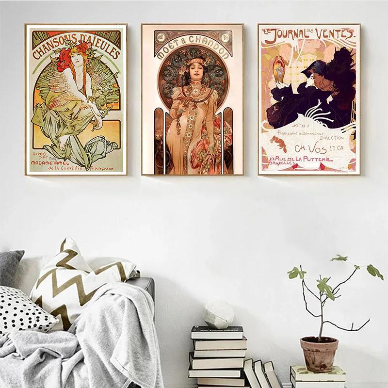 Art Nouveau Retro Poster Abstract Wallpaper Print Canvas Painting Wall Art Picture for Living Room Home Decor Aesthetic Mural