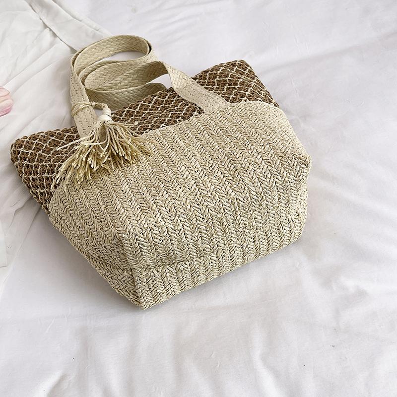Straw Woven Tote Bag Women Summer Beach Handbag Natural Rattan Shoulder Bag Casual Vacation Style Bag