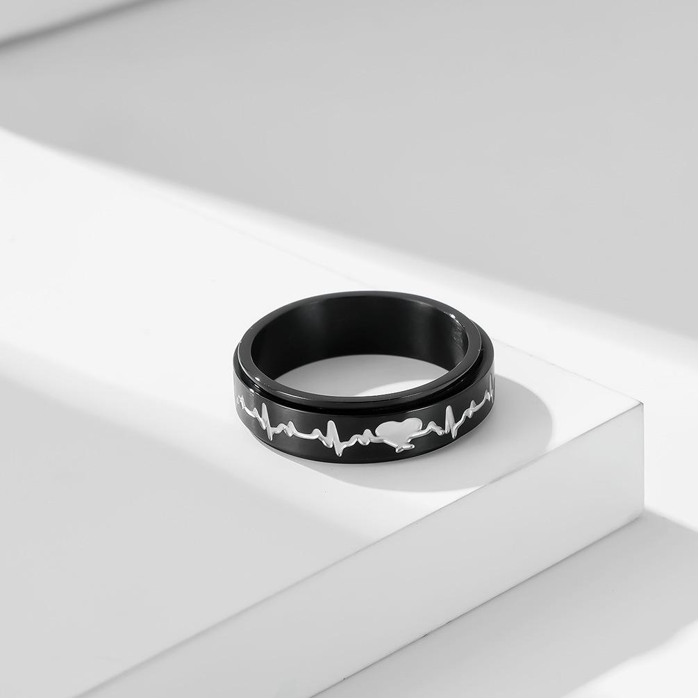 Titanium Steel Rotating Electrocardiogram Couple Ring, Heartbeat, Decompression, Stainless Steel Matching Ring, Hand Jewelry