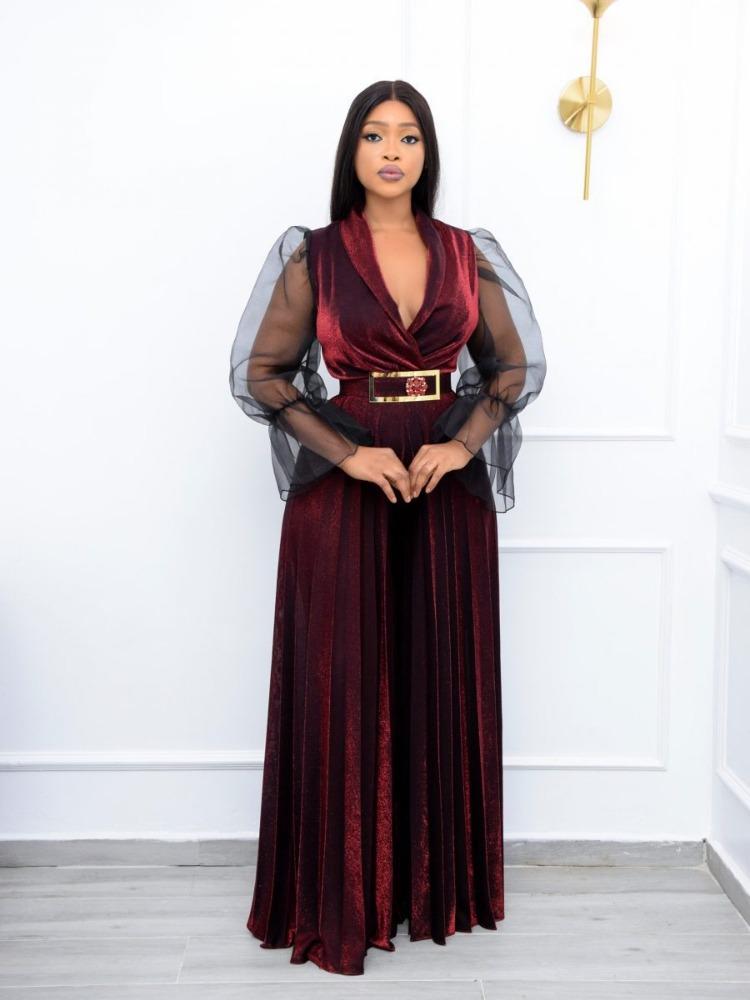 Plussstørrelse Dame Fløyel Jumpsuits Skinne lange ermer Plisserte bukser med vidde ben One Piece Antrekk Vintage Elegante festbukser