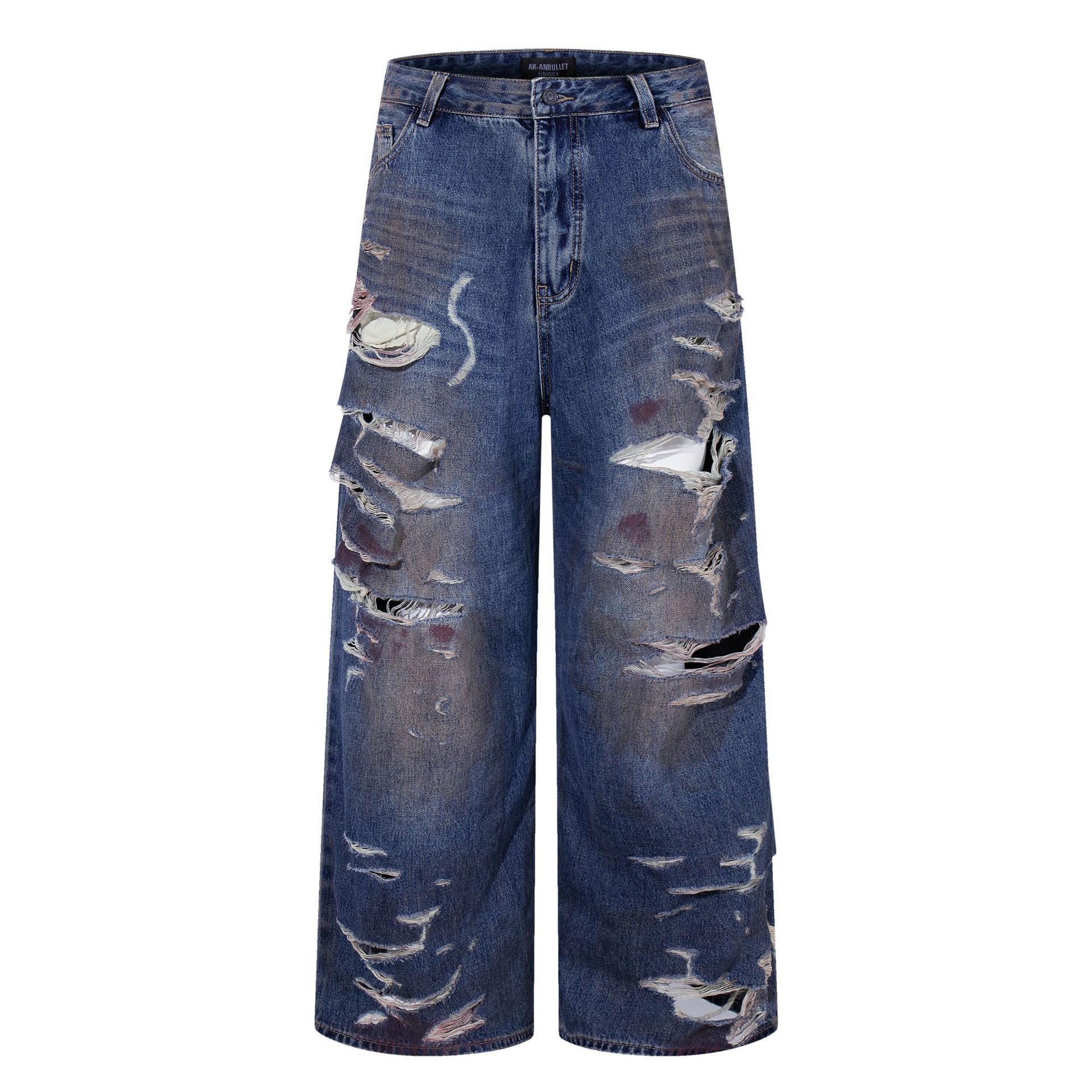 Men s Autumn Wasteland Style American High Street RO Wind Heavy Washed Ripped Jeans Mopping Pants S синий
