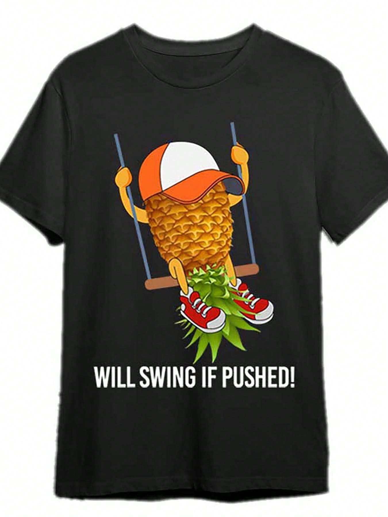 S Funny Graphic T-Shirt - Will Swing If Pushed Pineapple & Waffle Design With Cap & Fiery Tongue - White Casual Round Neck Tee For Parties, Casual A S разноцветный