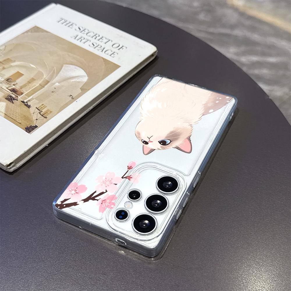 Cute Cat and Cherry Blossoms Phone Case for Samsung Galaxy S26 S25 S24 S23 S22 S21 S20 FE Plus Lucency TPU Protection Cover