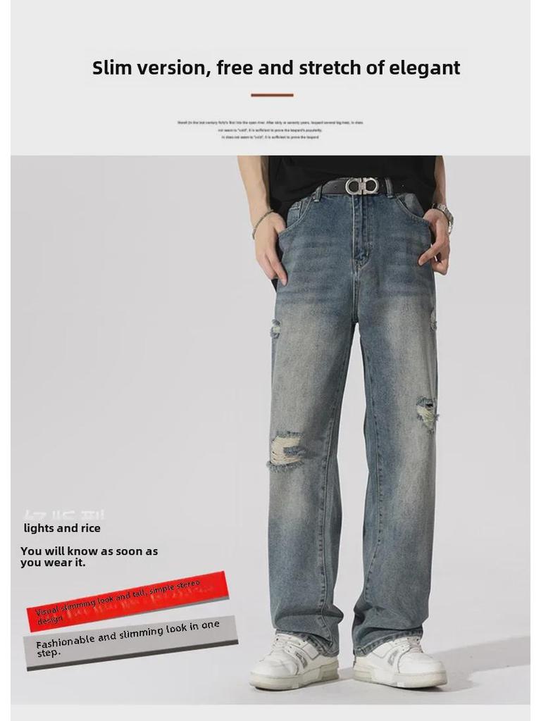 LKTM Men's Ripped Jeans: Summer New Style, Retro Washed, American Trend, Straight Fit.