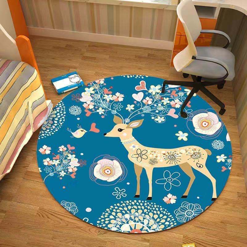 Animal Theme Round Rug Deer Shark Flamingo Print Carpet Absorbent Anti-Slip Home Decor Floormat for Living Room Bedroom Outdoor