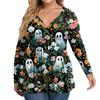 Damen Plus Size Langarm V-Ausschnitt Bluse mit Halloween-Print Lässiges Tunika-Oberteil für den Herbst