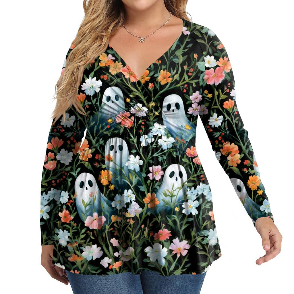 Damen Plus Size Langarm V-Ausschnitt Bluse mit Halloween-Print Lässiges Tunika-Oberteil für den Herbst