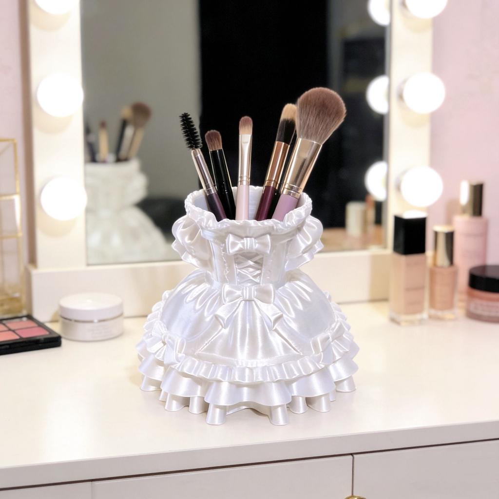 Lolita Princess Skirt Vanity Organizer 3D Printed Cute Pen Holder Girlish Desktop Organizer for Makeup Brushes & Stationery Gift