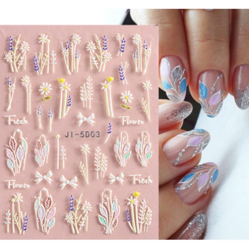 5D Nail Stickers Flowers Geometric Lines Decor Acrylic Embossed Sliders Gold Frame Nail Decals Cherry Blossom Manicure GLJI-5D05