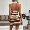 Retro Slim Lapel Halter Neck Striped Dress for Women In Summer
