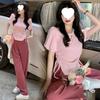 Completo Casual Estivo da Ragazza Calda Donna con Coulisse Maglietta Puff a Maniche Corte Donna + Pantaloni a Gamba Larga Set Due Pezzi alla Moda