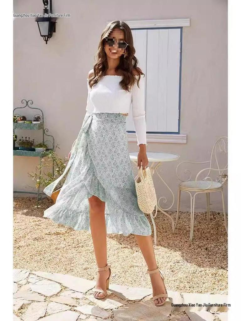 Women's Chiffon Floral Print Irregular Tie-Up Slit Half-Skirt