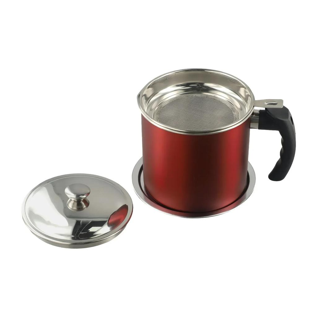 Grease Strainer With Lid Red Green Silver Stainless Steel Oil Pot Easy To Clean Fine Mesh Filter High Temperature Resistant