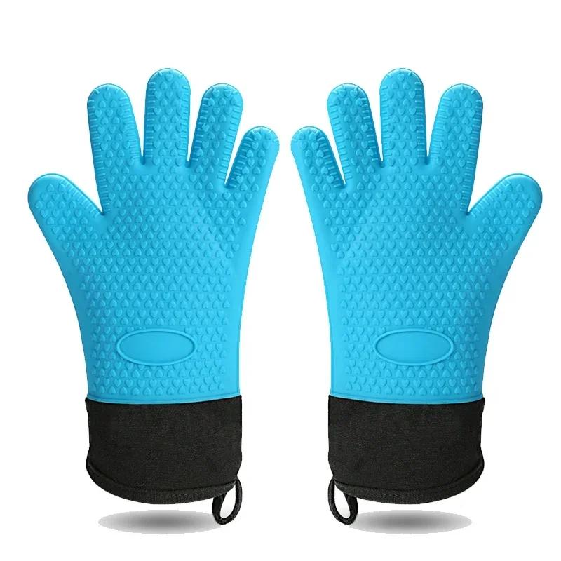 2Pcs Long Silicone Kitchen Gloves BBQ Grill Gloves Heat Resistant Microwave Oven Mitts With Cotton Lining Baking Cooking Gloves