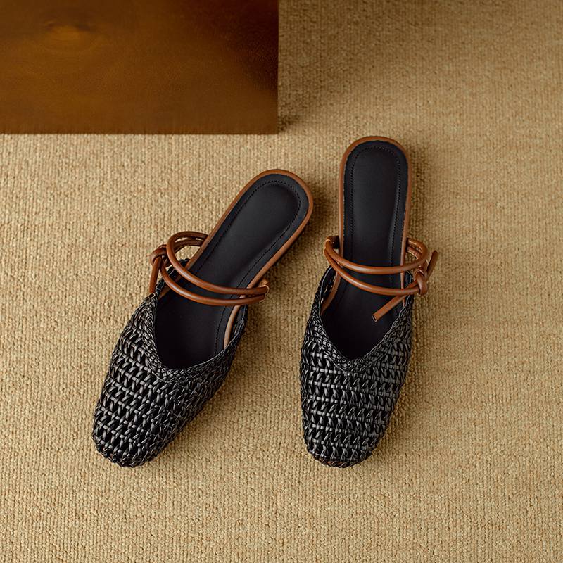 Krazing Pot Microfiber Mules Weaving Summer Size 41 Low Heels Slingback Party Shoes Women Square Toe Gladiator Hollow Out Pumps