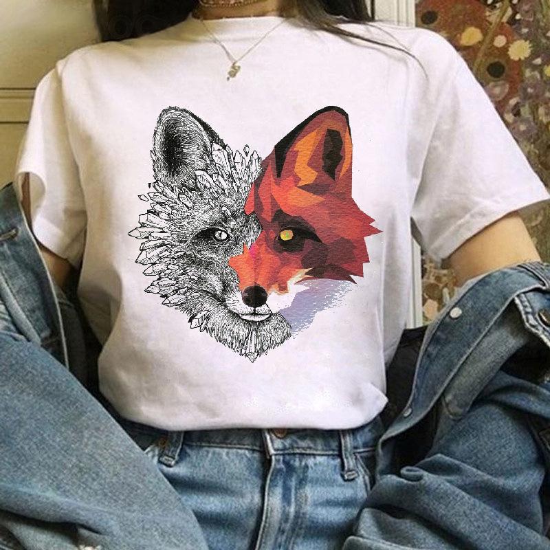 Fox Cartoon Print T Shirt Women Harajuku Casual Funny T Shir Women Clothing Tops Aesthetic Clothes Graphic T Shirts