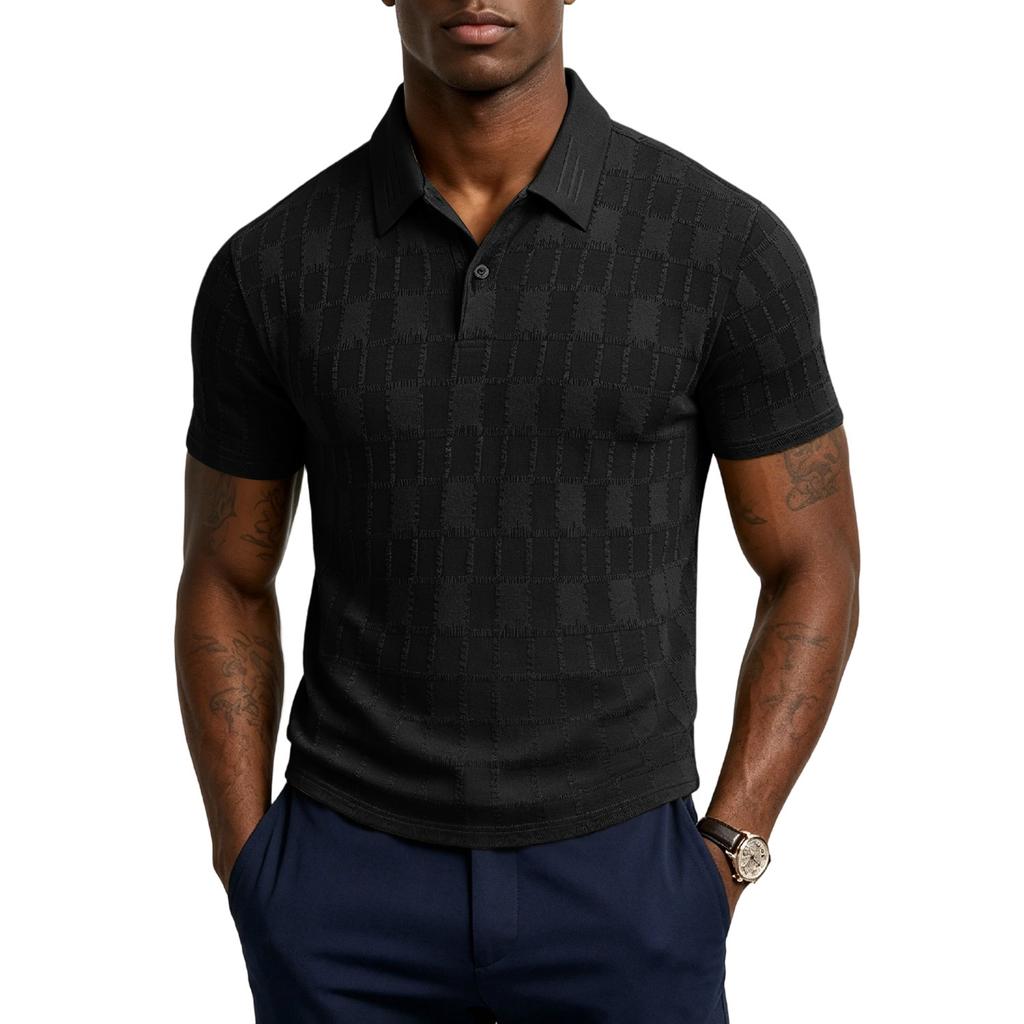 Men’s Short Sleeve Polo Shirt Classic Fit Knit Pattern Soft Fabric Button Placket Collar Top for Everyday Wear