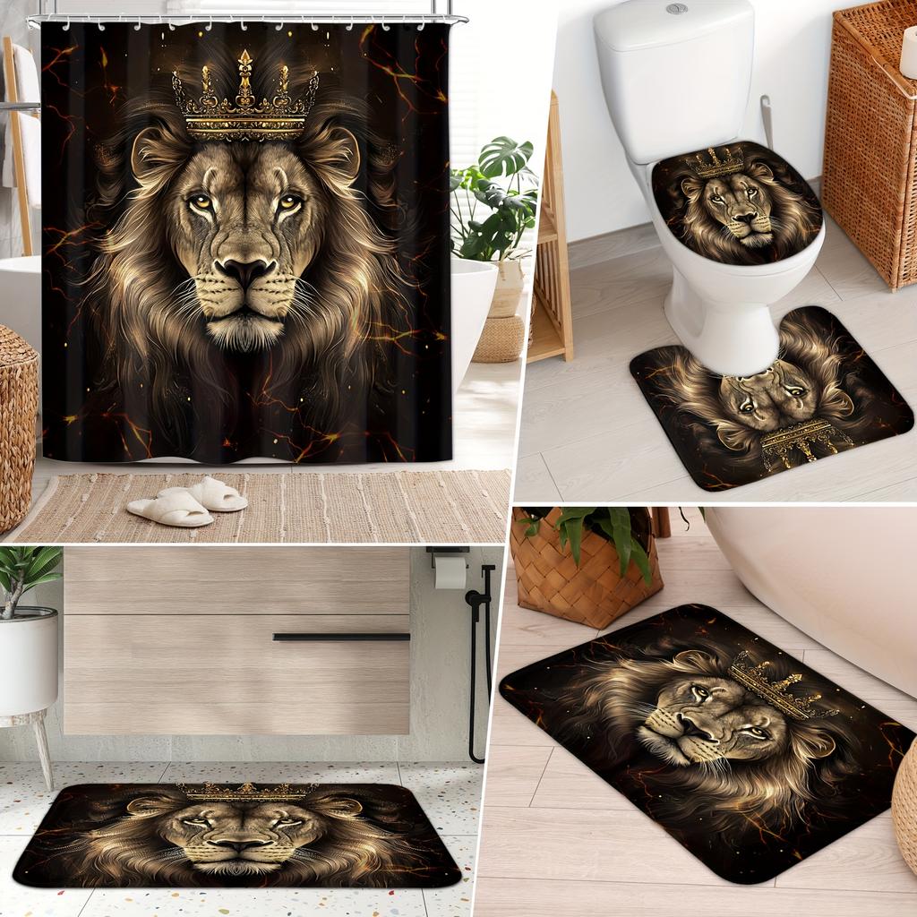 Set Tenda da Doccia con Leone 4 Pezzi con Tappetino Antiscivolo da Bagno, Copri Tavoletta WC, Tappeto Sagomato e 12 Ganci, Decorazione Bagno