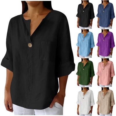 Γυναικείο Μόδα Casual Μπλουζάκι με Λαιμόκοψη V, Κουμπιά και Μανίκι Επτά Τετάρτων από Βαμβάκι και Λινό