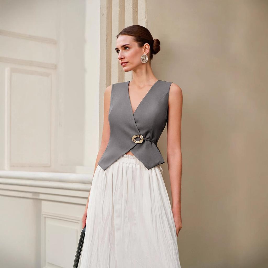 Women's Summer and Autumn Fashion Versatile Thin Irregular Metal Tie Sleeveless Vest