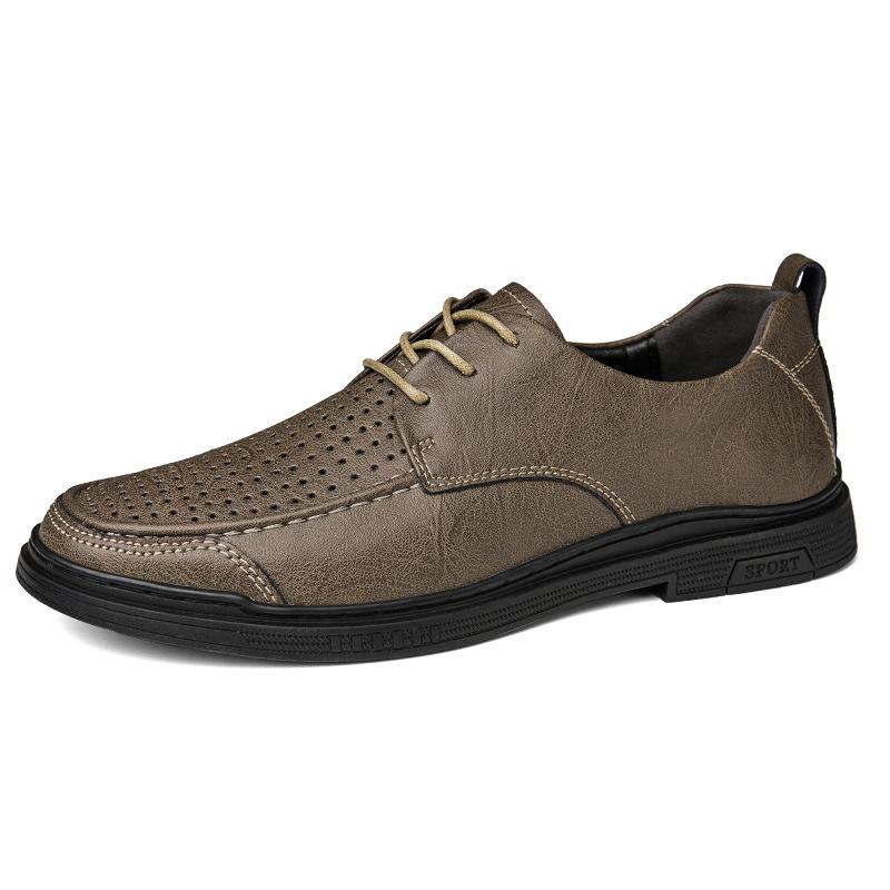 22 Men'S Shoes Casual Leather Shoes Spring And Summer Low-Top Lace-Up Cowhide Surface Hollow Ventilation Hole Casual Shoes Single Shoes