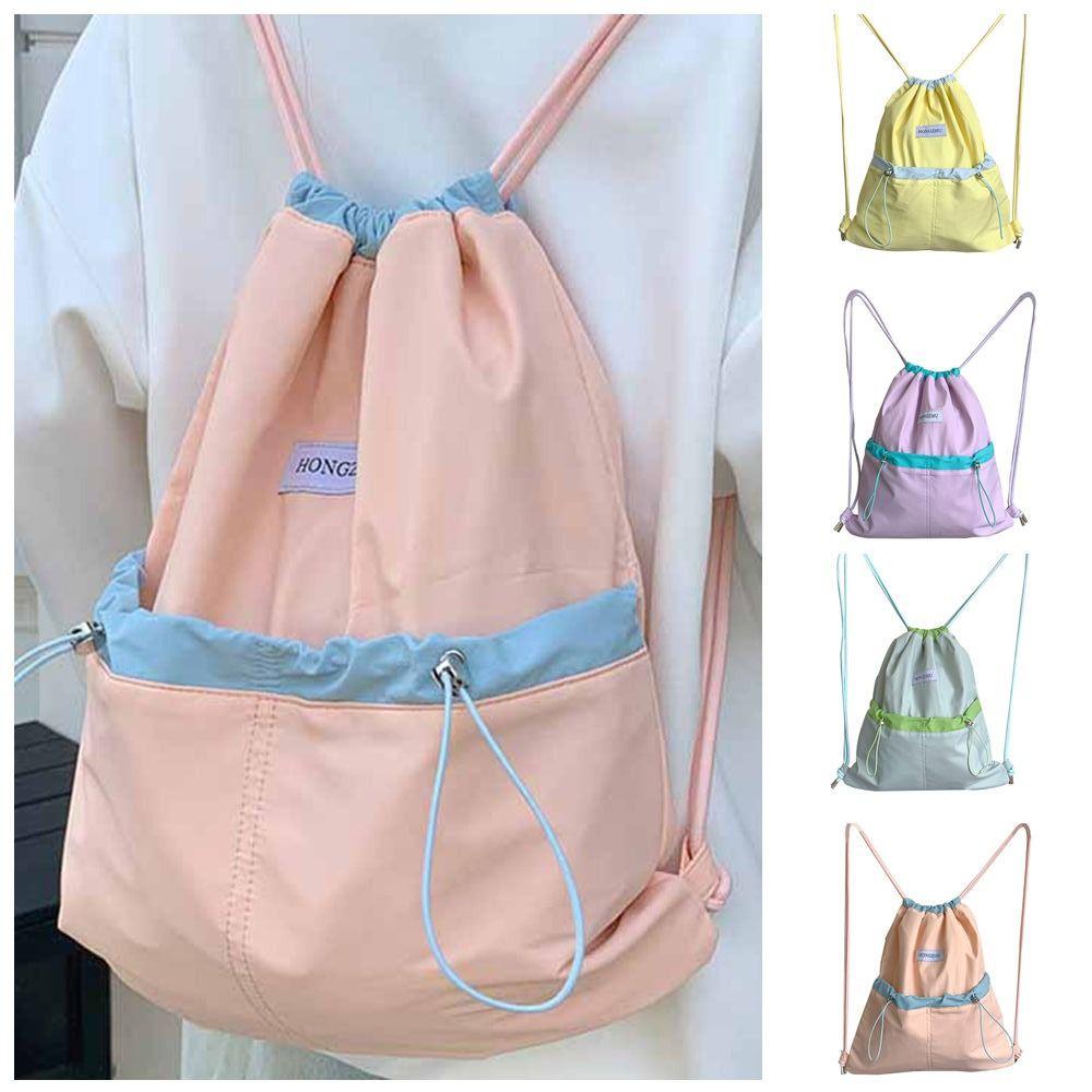 Large Capacity Light Soft Nylon Bag Contrast Color Shoulder Bag Drawstring  Backpacks  Travel