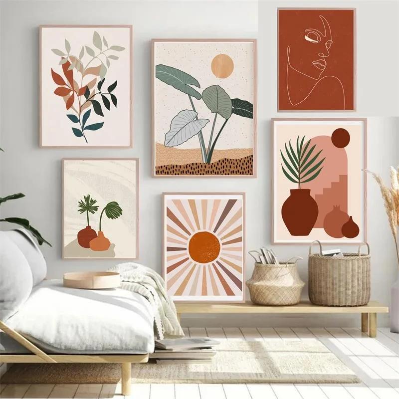 Mid Century Modern Boho Chic Poster Vintage Abstract Beige Line Art Print Canvas Painting Wall Art Trendy Living Room Home De