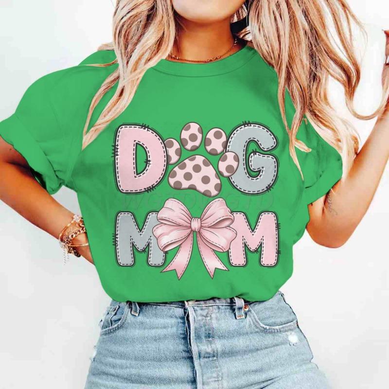 Dog Mom Graphic Crew Neck T-Shirt For Women CasualTee With Short Sleeves Pink Bow Paw Print Design Perfect For Mother's Day