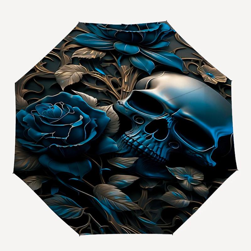 Skull Roses Themed Automatic Opening and Closing Umbrella, Brightly Colored 8-rib Portable Umbrella, Suitable for Men and Women, A Perfect G