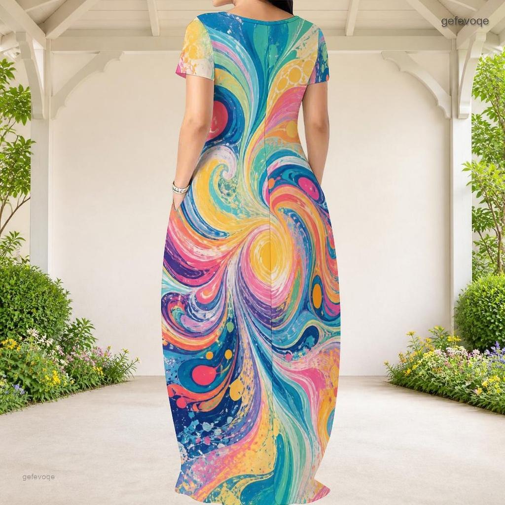 Women Plus Size Round Neck Short Sleeve Black Gold Swirl Printed Loose Dress With Side Pockets
