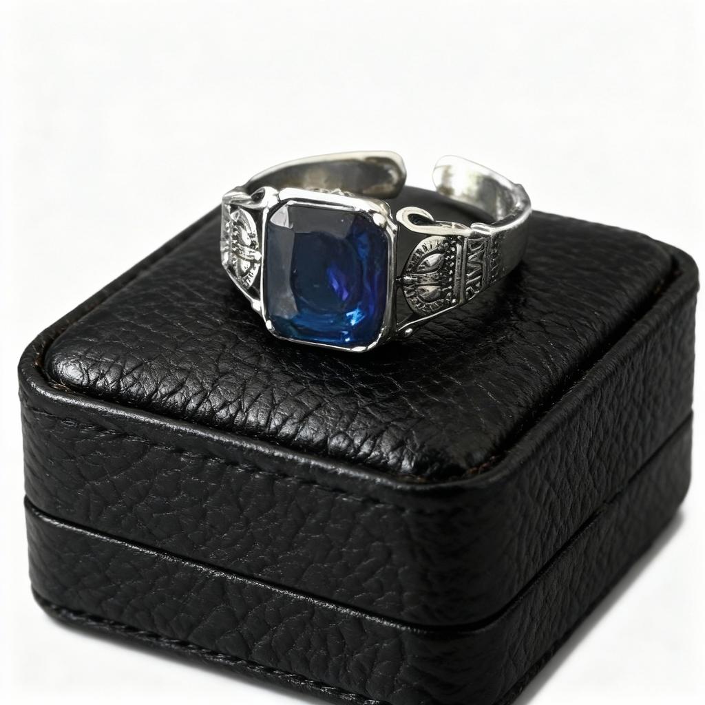 Retro Inlaid Square Blue Zircon Crown Ring Men's Single Ring Handsome Temperament Domineering Open Ring