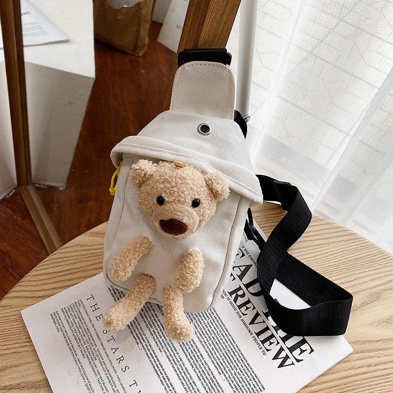 

2024 Trendy Little Bear Canvas Crossbody Bag - Cute Cartoon Design білий