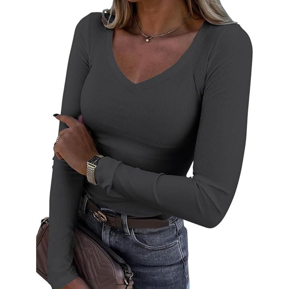 Women Ribbed Slim Long Sleeve Top, Sexy V Neck Long Length Casual T-shirt