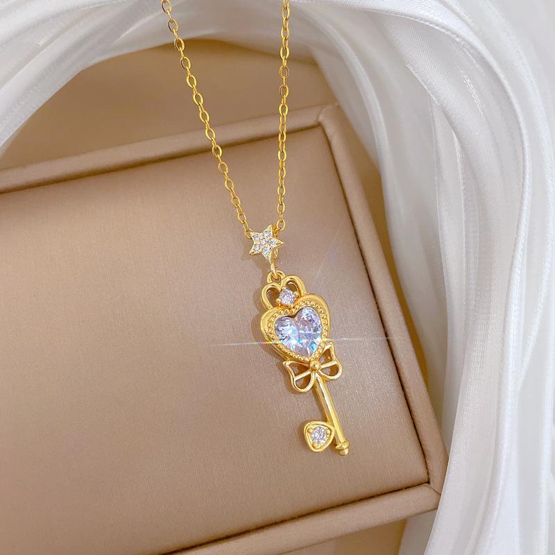 Bow Key Light Luxury Temperament Gorgeous Full Diamond Necklace Women'S Versatile Collarbone Chain Titanium Steel Chain