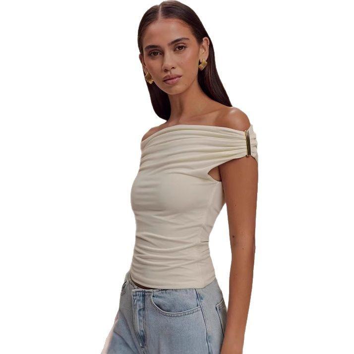 European and American summer women's clothing new solid color one-word shoulder pleats sexy slim temperament top