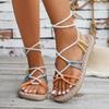 Women Summer Sandals Linen Braided Flat Casual Lace Up Shoes Ladies Casual Lace-up Roman Sandals Fashion Outdoor Beach Sandals
