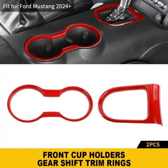 2x Red Cup Holder Gear Shift Transmission Ring Covers for Ford Mustang 2015-