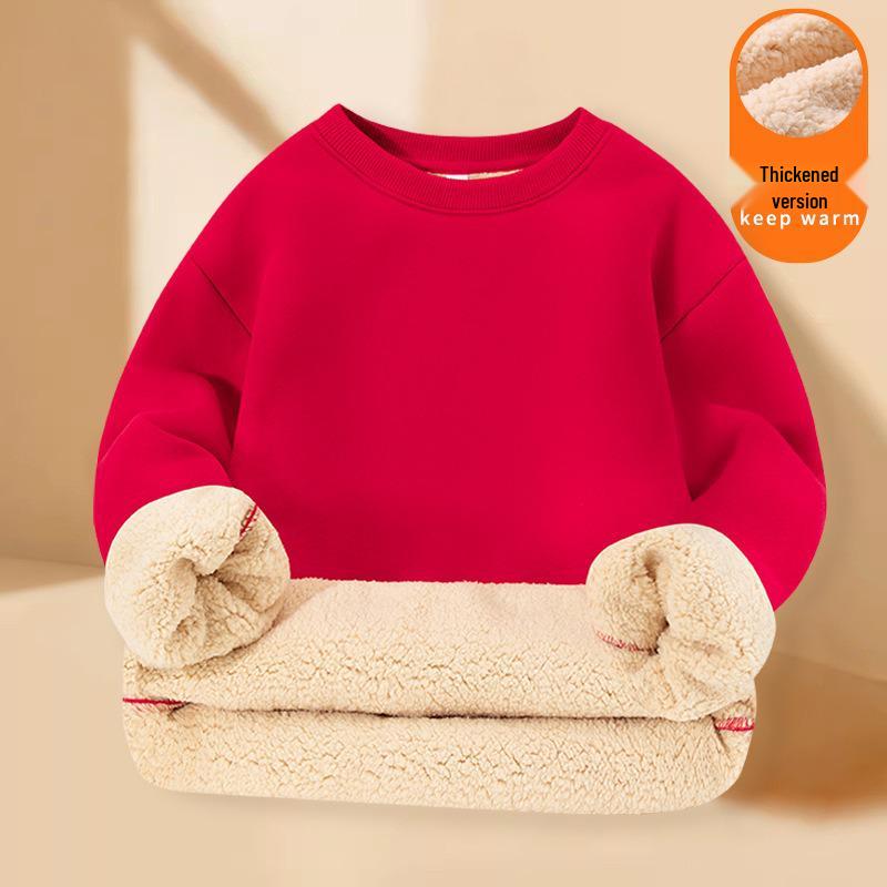 2026 Year of the Horse Red Fleece-Lined Sweatshirt for Kids - Warm, Thick, Round Neck Pullover