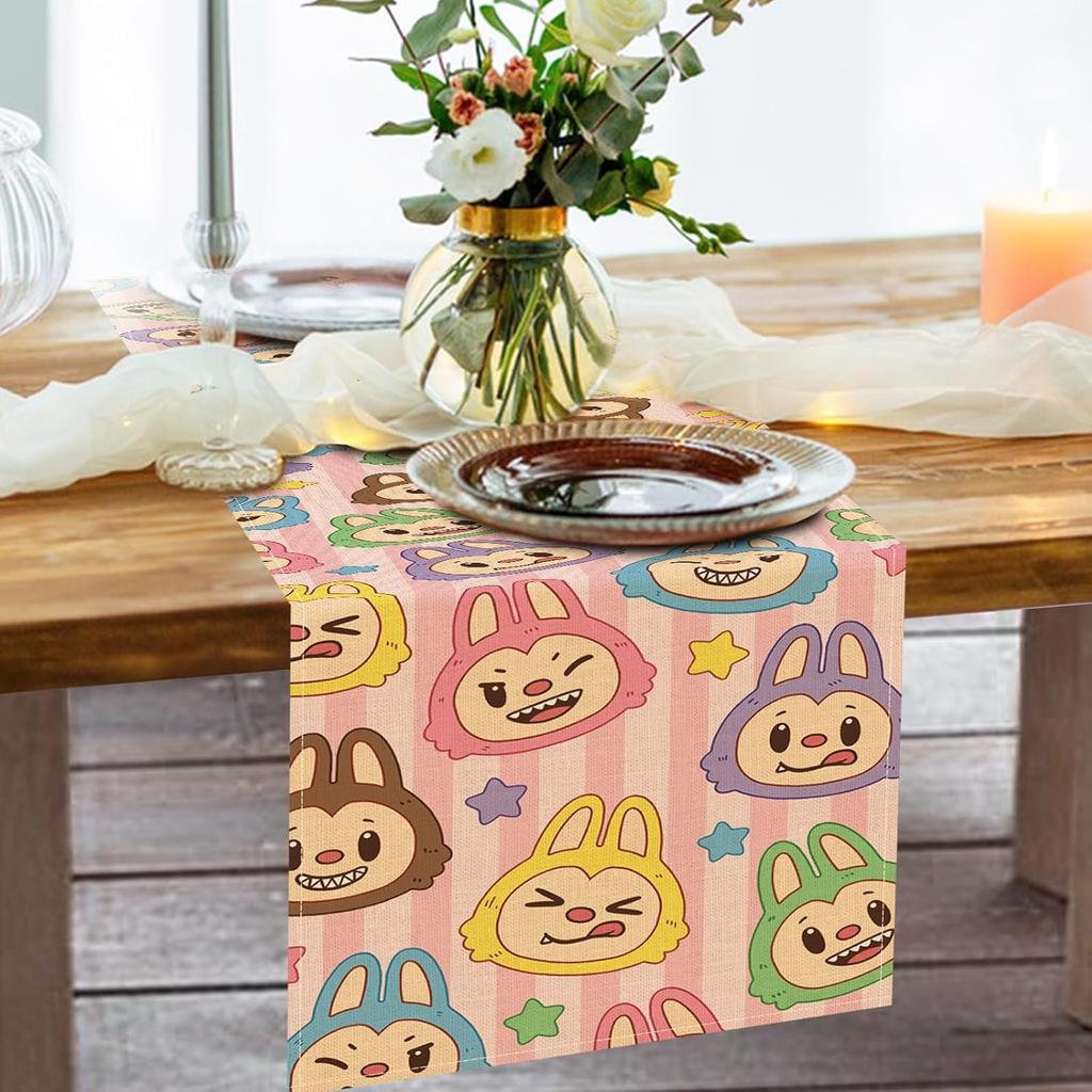 Cute Dining Table Runner, Macaron Monster Stars Burlap Kitchen Decor Holiday Birthday Gifts, Home Decoration Indoor Outdoor Party Supply 13 x 72
