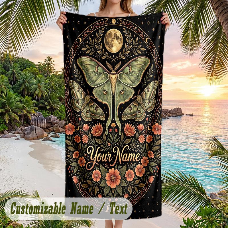 Moonlit Moth Garden 1 Theme Quick Dry Beach Towel Custom Name Text Print Large Sand Resistant Towel Beach Vacation
