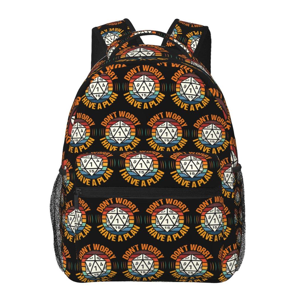 Don't Worry I Have A Plan Dice Student Backpack School Bag Hiking Travel Daypack for Men Women Fashion Bookbag Shoulder Bags