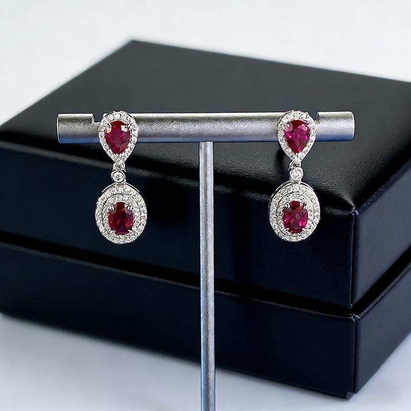Luoxi Temple S925 Silver Pigeon Blood Red Blue Sapphire Earrings for Women - Pear-shaped Oval 5*7mm