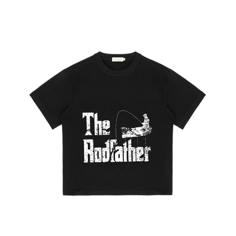 The Rodfather Black T Shirt with Fishing Boat and Text Graphic for Casual Wear and Outdoor Activities