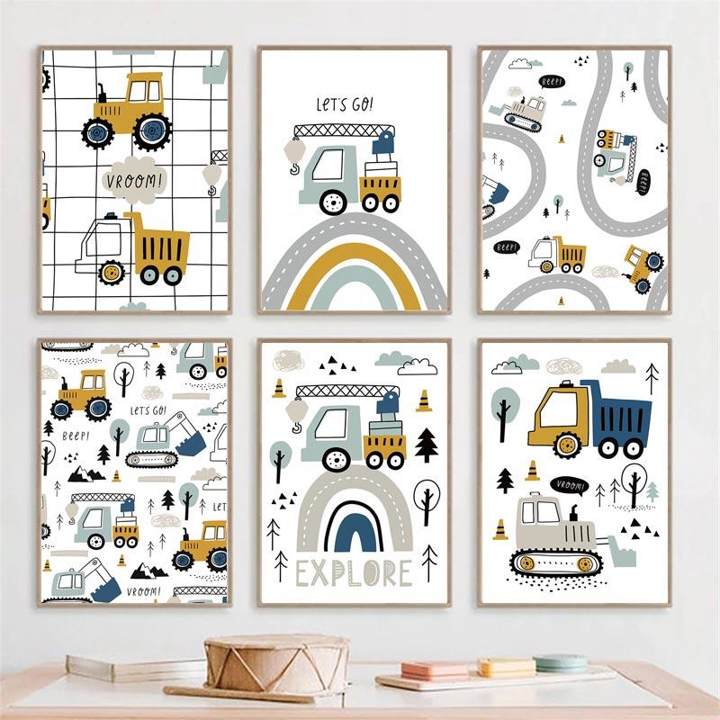 Cartoon Crane Excavator Tractor Truck Poster Wall Art Canvas Painting Nursery Child Boys Pictures Nordic Wall Print Room Decor