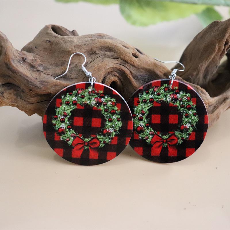 Cross-border Christmas Circle Print Wreath Earrings, Double-sided Red Plaid Leather Design
