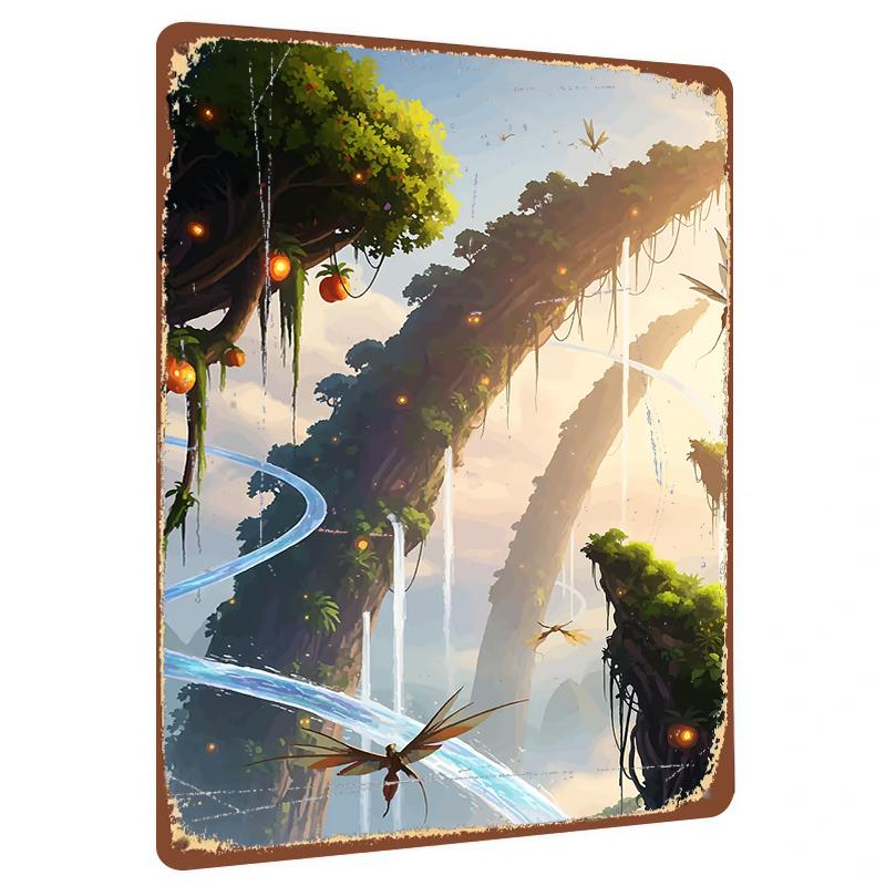 

Fantasy Floating Forest Metal Wall Art Glowing Plant Waterfall Decorative Painting Home Decor 20x30cm（7.8x11.8inch）