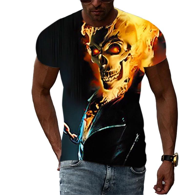 Summer Men's Fashion Trend New T-shirt 3D Flame Skull Digital Print Hip Hop Loose Street Clothing Casual Daily Round Neck Top