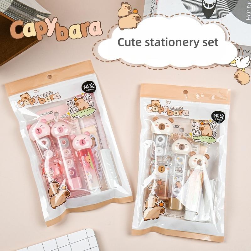7pcs Capybara Stationery Set, Ruler & Correction Tape & Glue Tape & Eraser & Sticky Notes Value Pack, Student Reward Gift