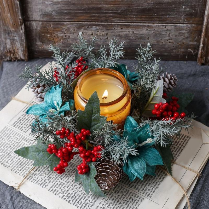 Door Wall Window Christmas Ornament Artificial Pinecone Candlestick Wreaths with Red Berries & Leaf Table Centerpiece
