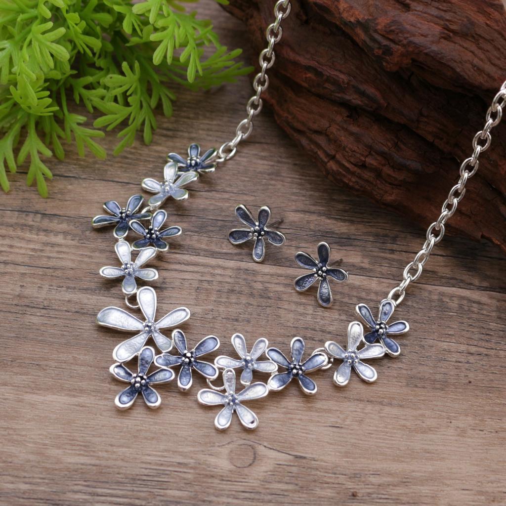 Colored flower stud earrings necklace set, fashionable painted oil flower women's versatile earrings neck chain